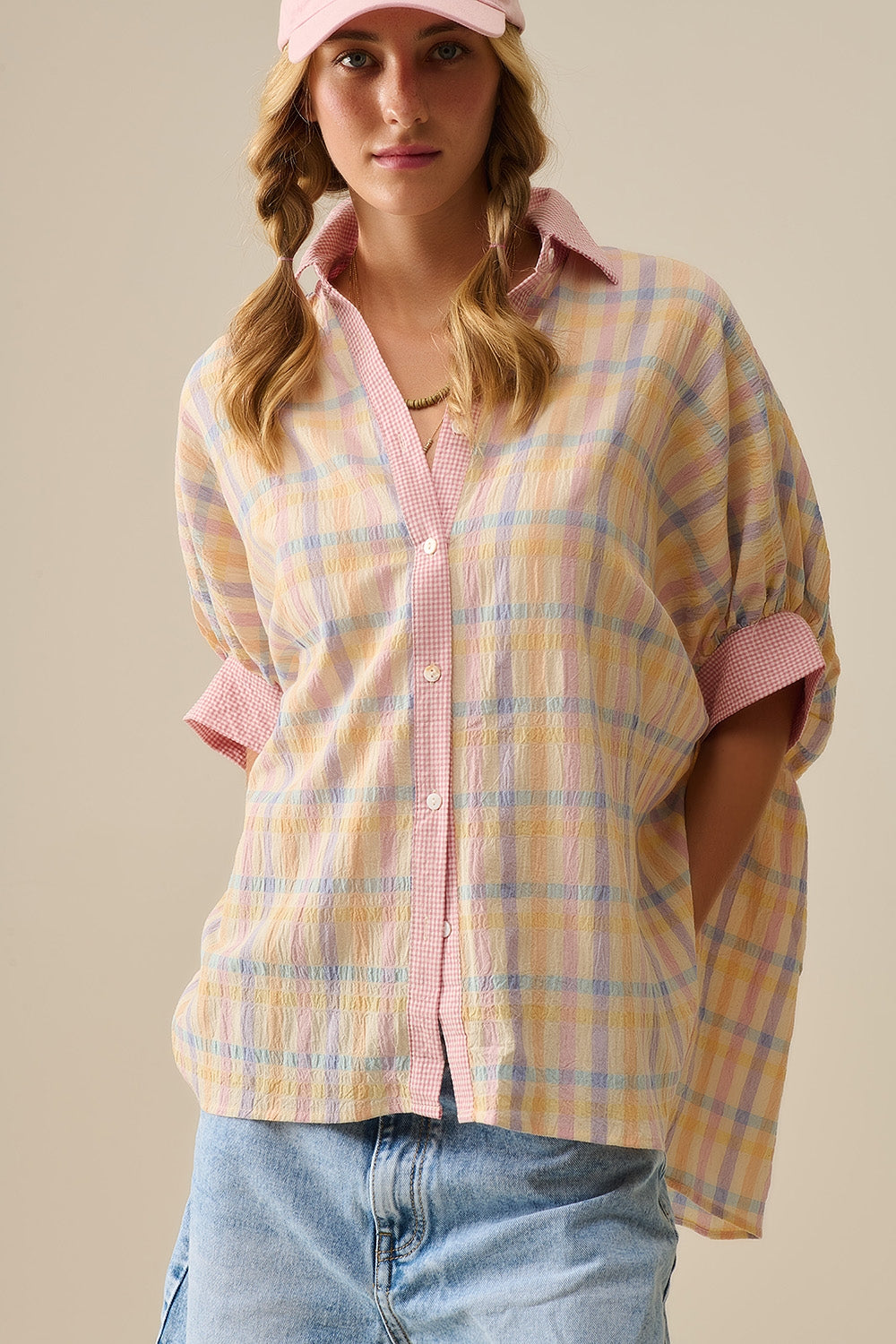 Oversized Flowy Blouse with Checked Contrast - Shirts