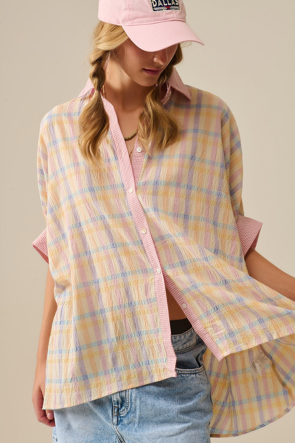 Oversized Flowy Blouse with Checked Contrast - Shirts