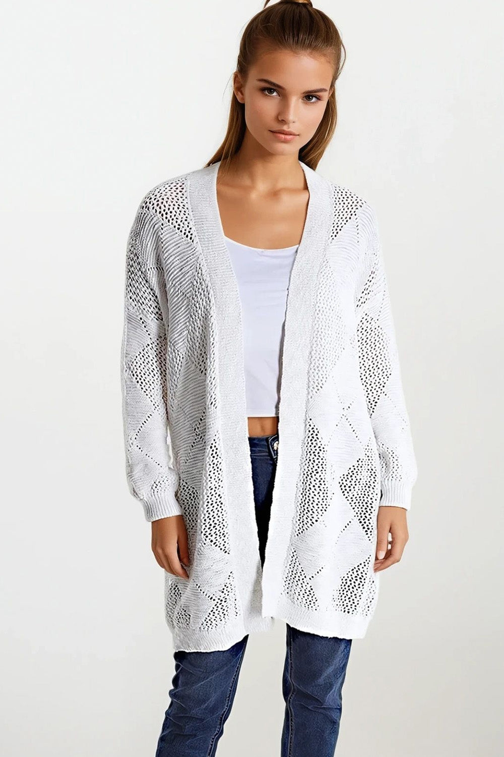 Cream Draped Cardigan With Crochet Design