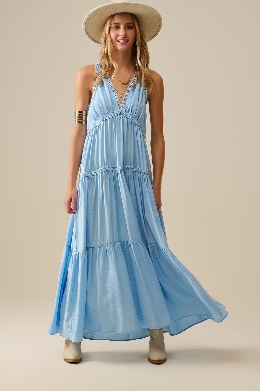Flowy Maxi Dress with Lace Inserts in Light Blue - dress