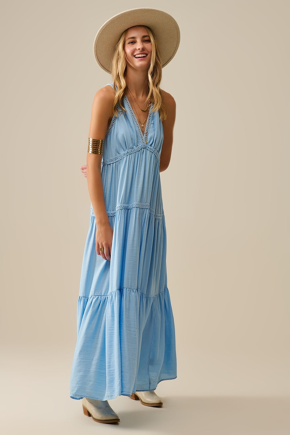 Flowy Maxi Dress with Lace Inserts in Light Blue - dress