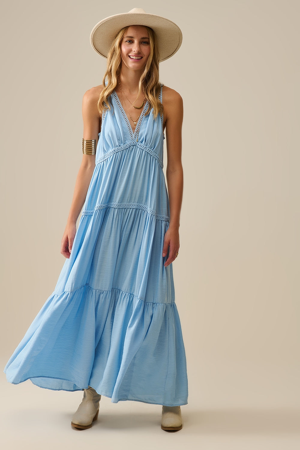 Flowy Maxi Dress with Lace Inserts in Light Blue - dress