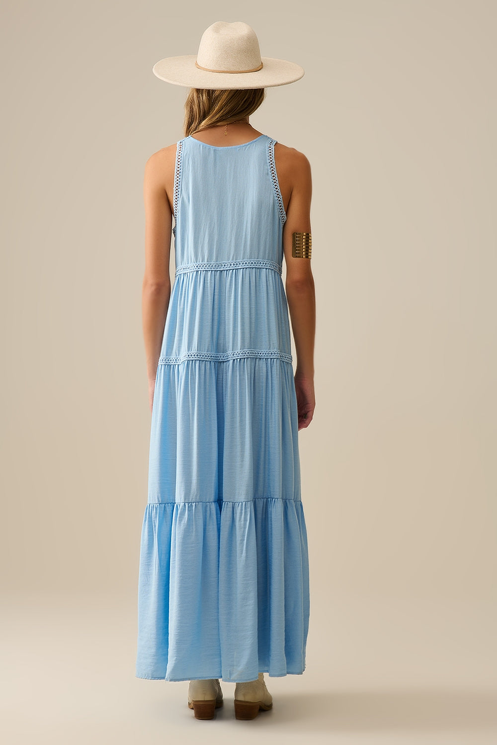 Flowy Maxi Dress with Lace Inserts in Light Blue - dress