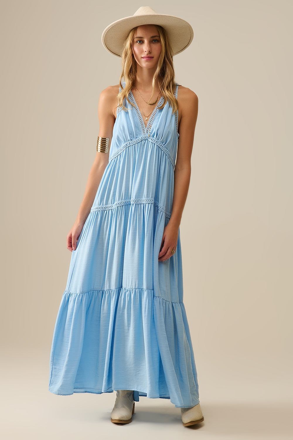 Flowy Maxi Dress with Lace Inserts in Light Blue - dress