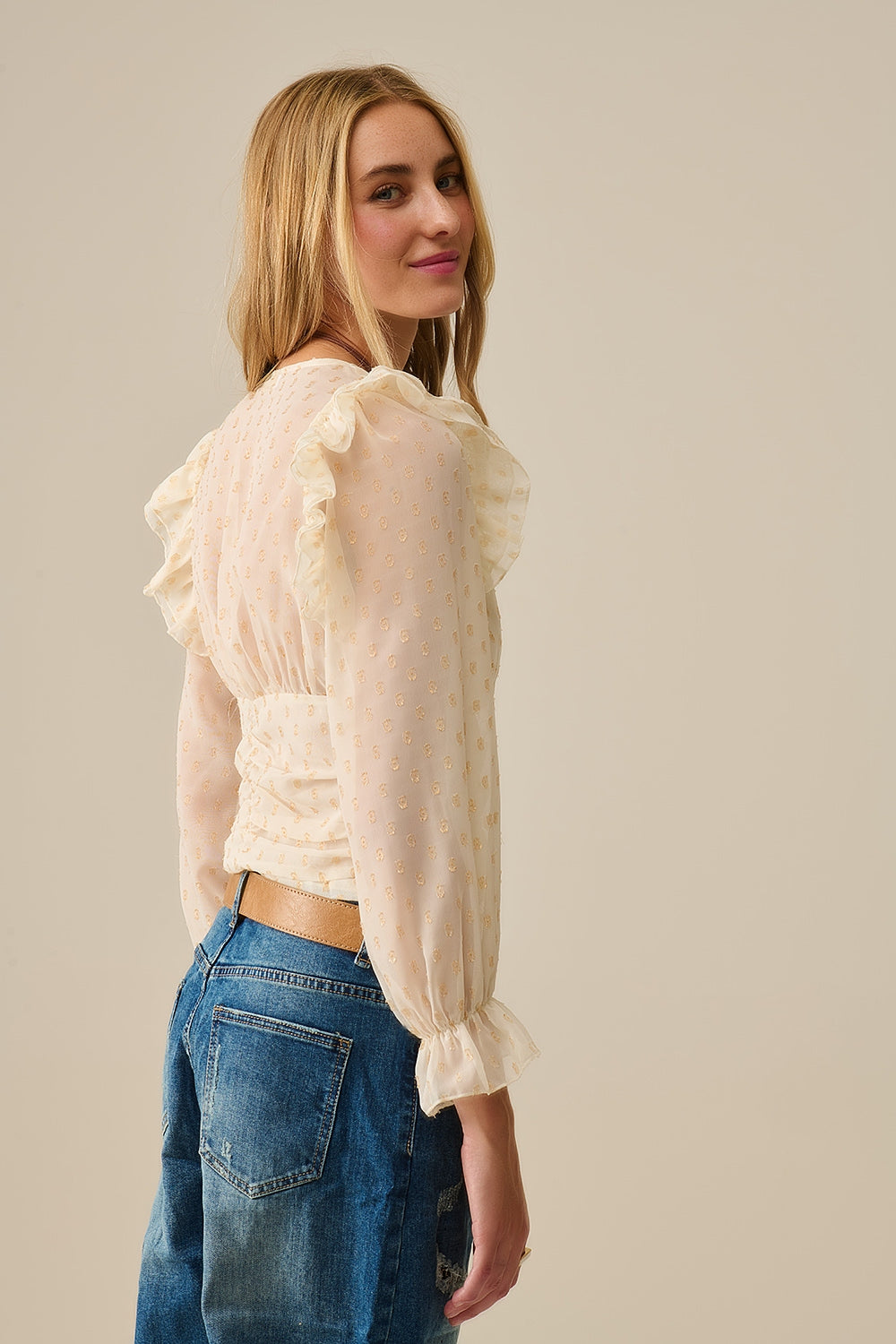 Beige Blouse with golden dots and frill details - Shirts