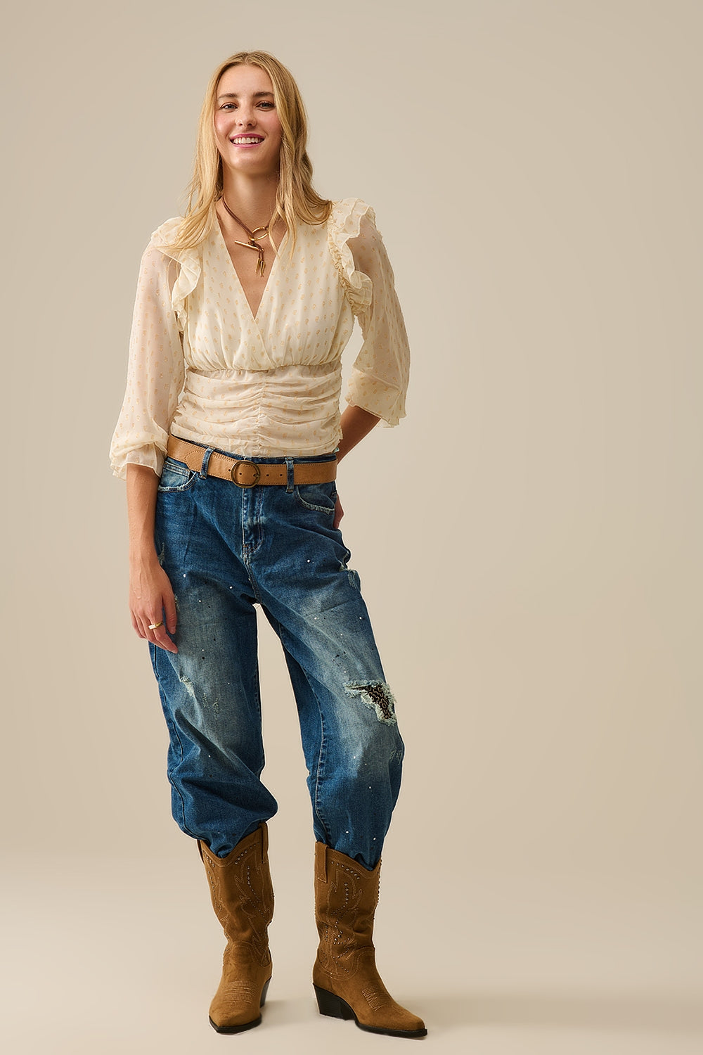 Beige Blouse with golden dots and frill details - Shirts