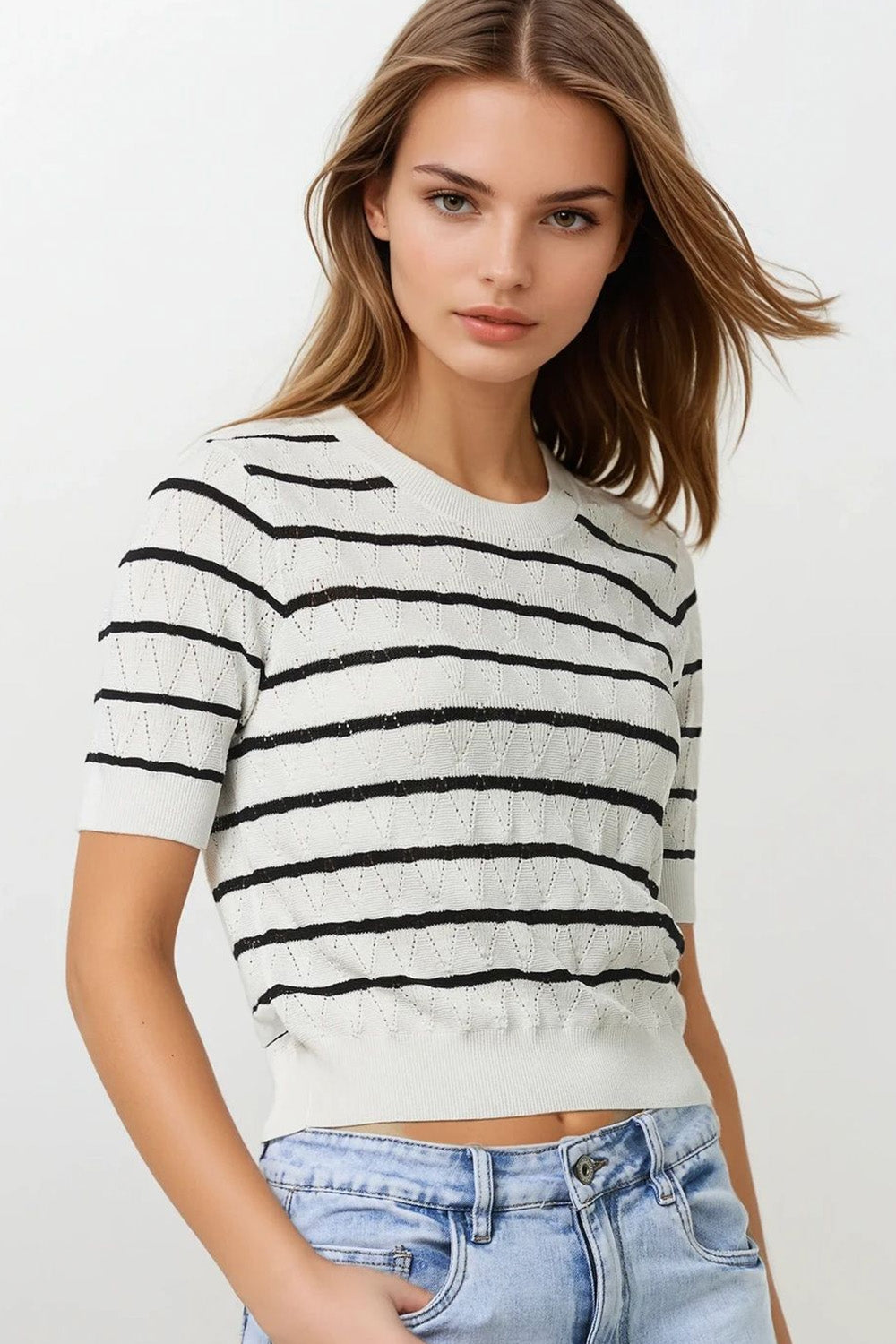 White Openwork Knit Top with Short Sleeves and Black Stripes