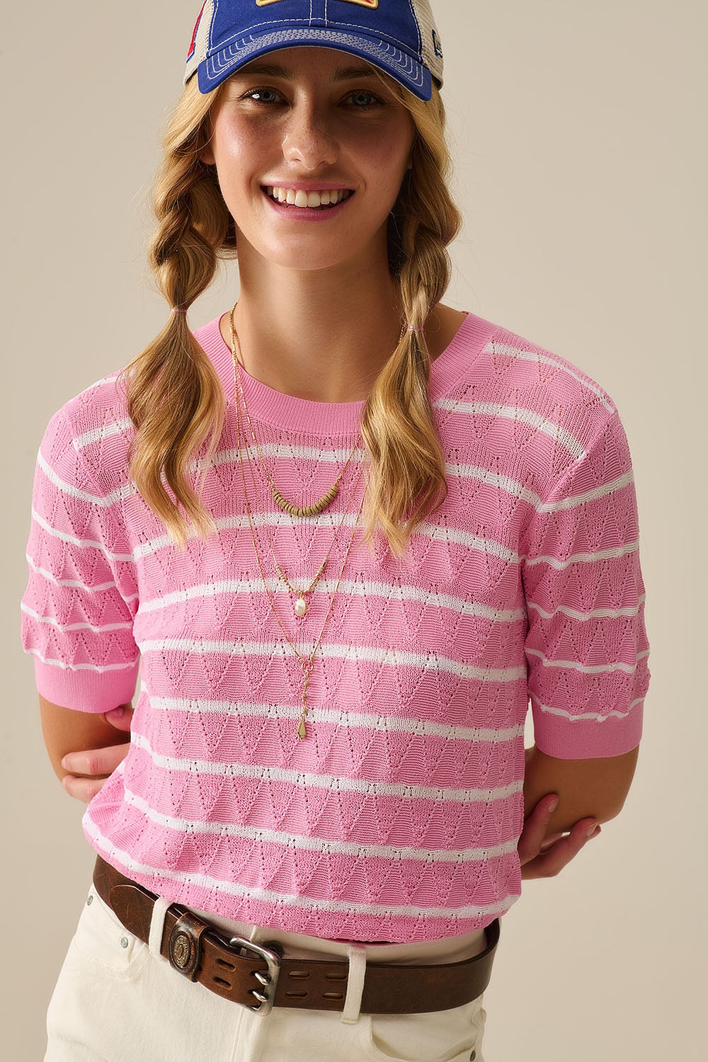 Pink Openwork Knit Top with Short Sleeves and White Stripes