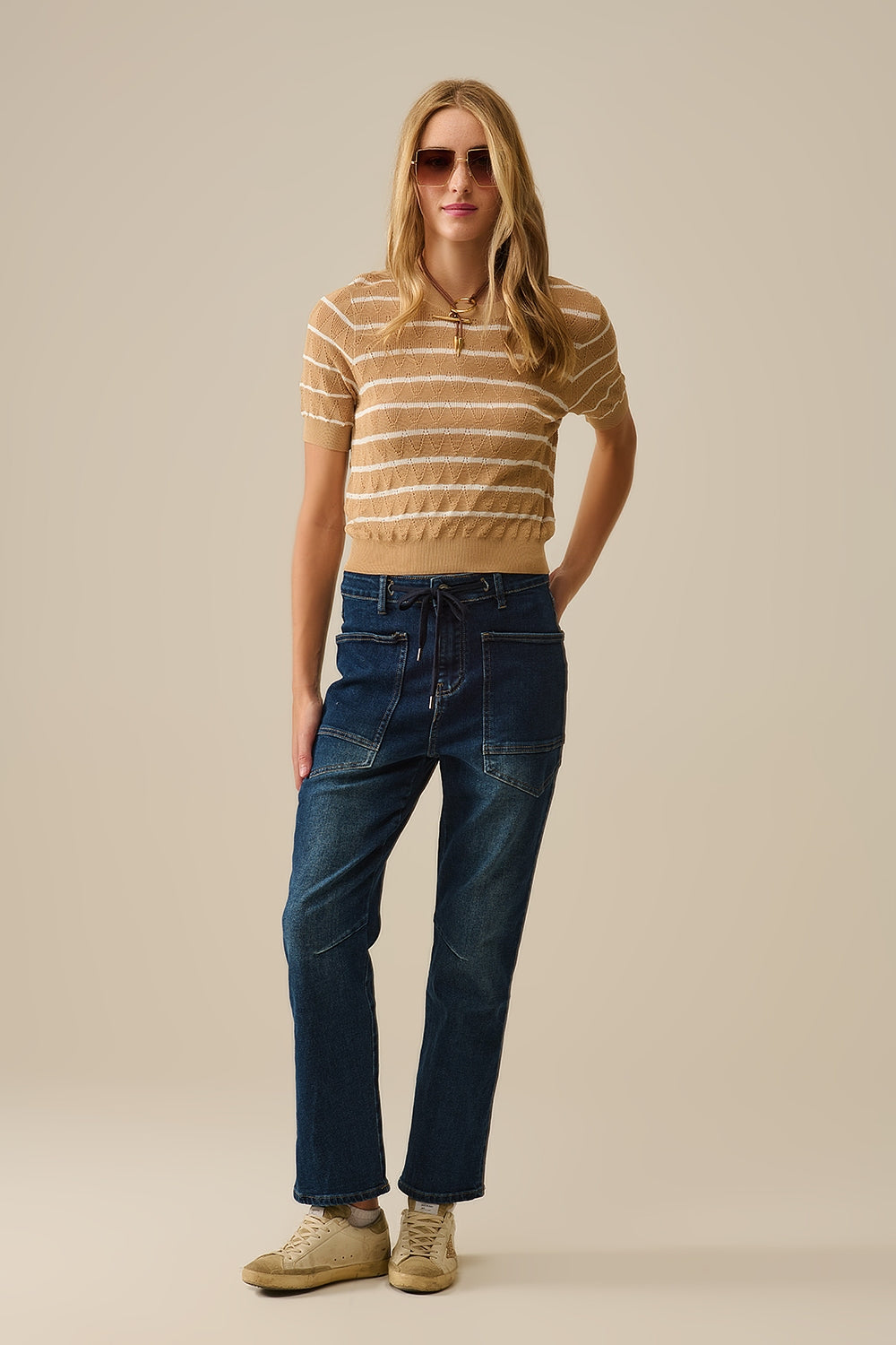 Camel Openwork Knit Top with Short Sleeves and White Stripes