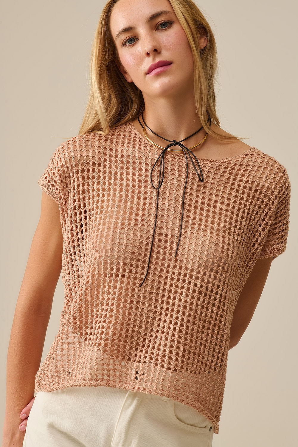 Open Knit Crochet dropped Sleeved Top in Camel