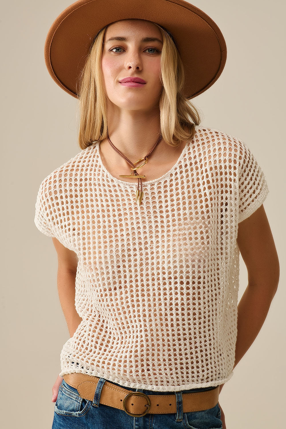 Open Knit Crochet dropped Sleeved Top in white