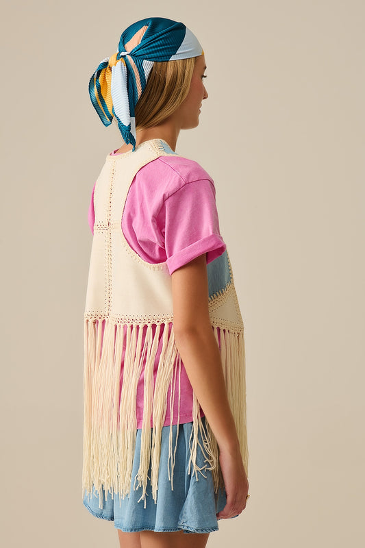 Faux leather vest with patchwork and fringe detail
