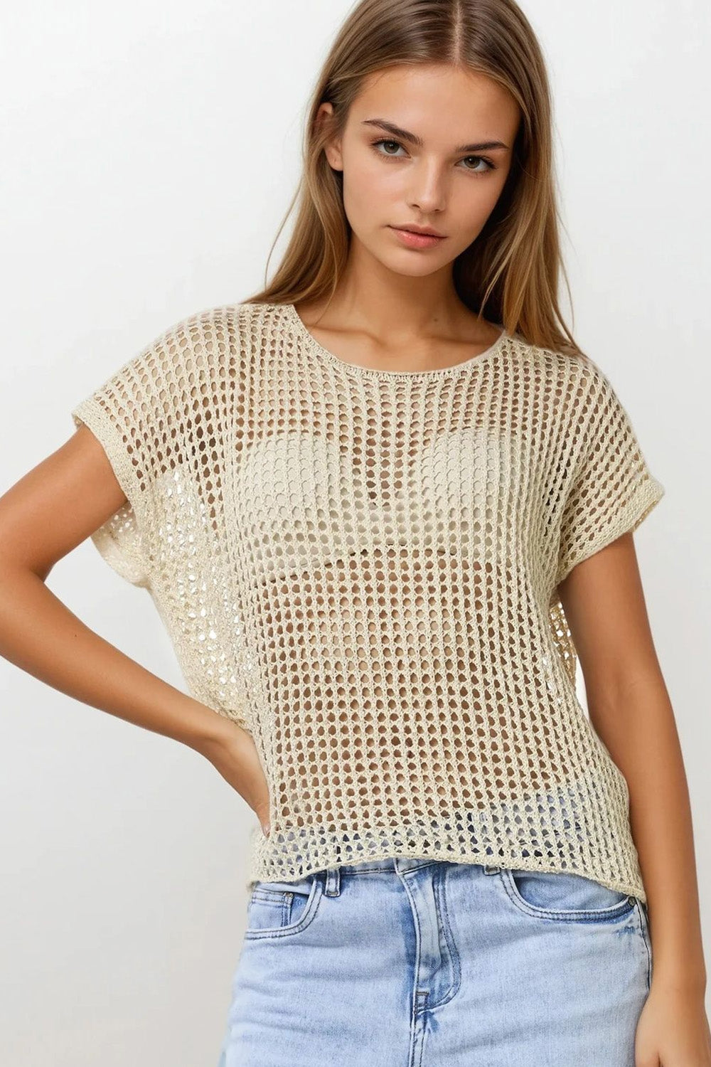 Open Knit Crochet dropped Sleeved Top in Beige