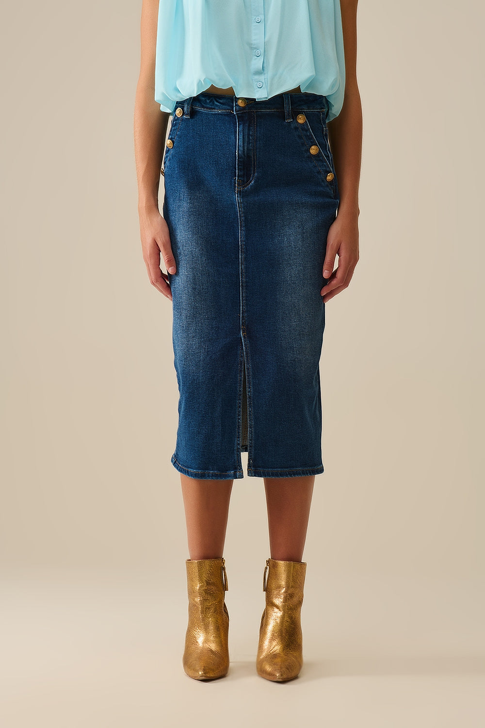 Stretch Denim Midi Skirt With Gold Button Details