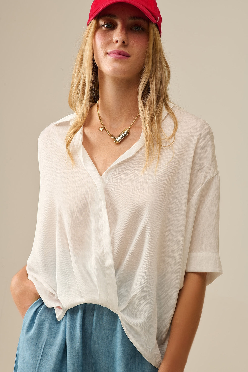 Draped Short Sleeve Blouse in White - Shirts