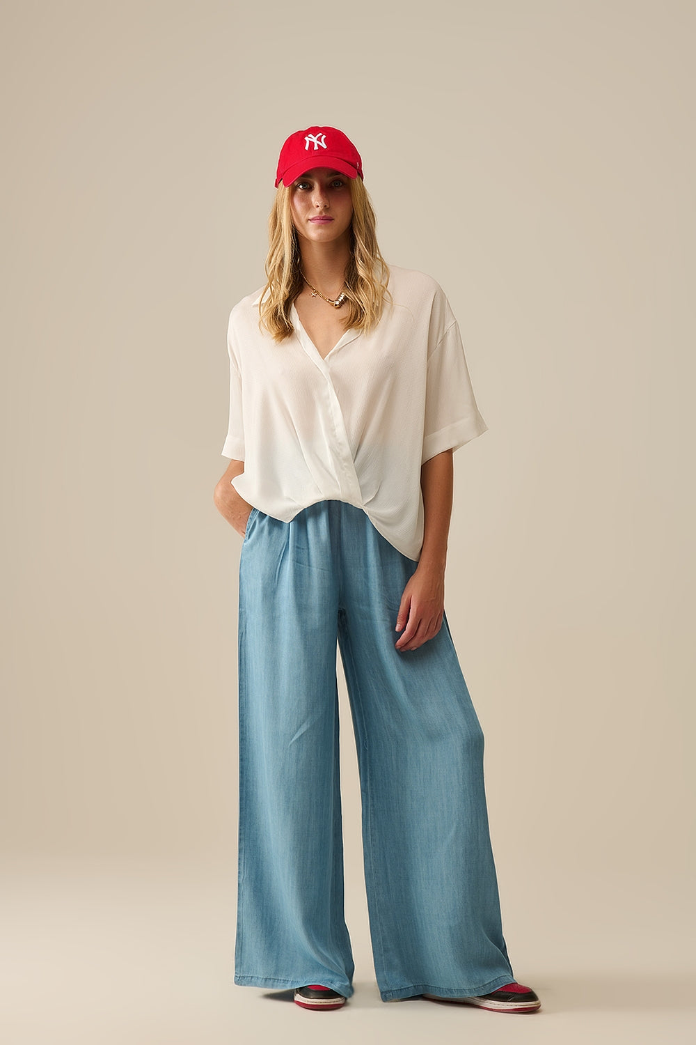 Draped Short Sleeve Blouse in White - Shirts