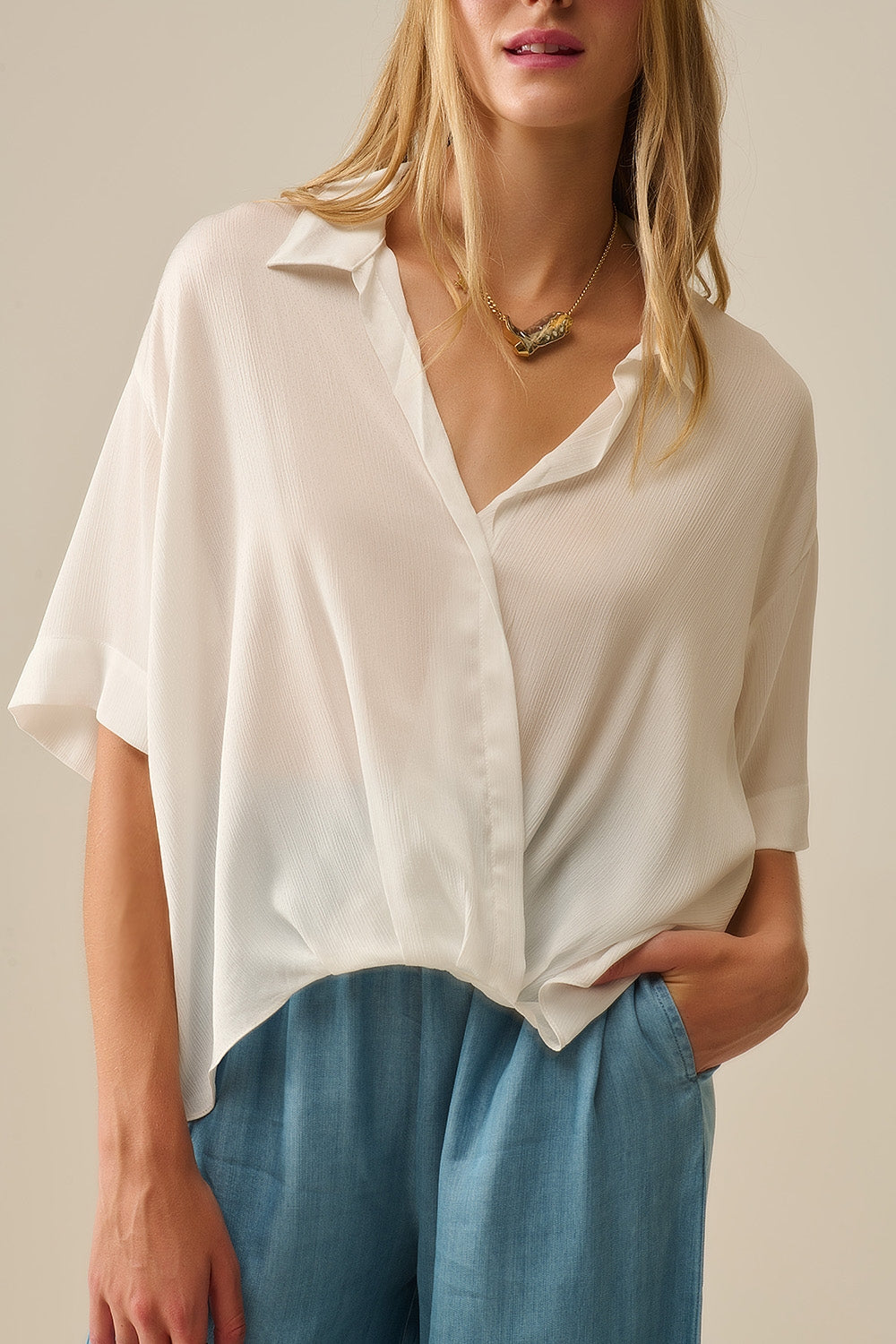 Draped Short Sleeve Blouse in White - Shirts