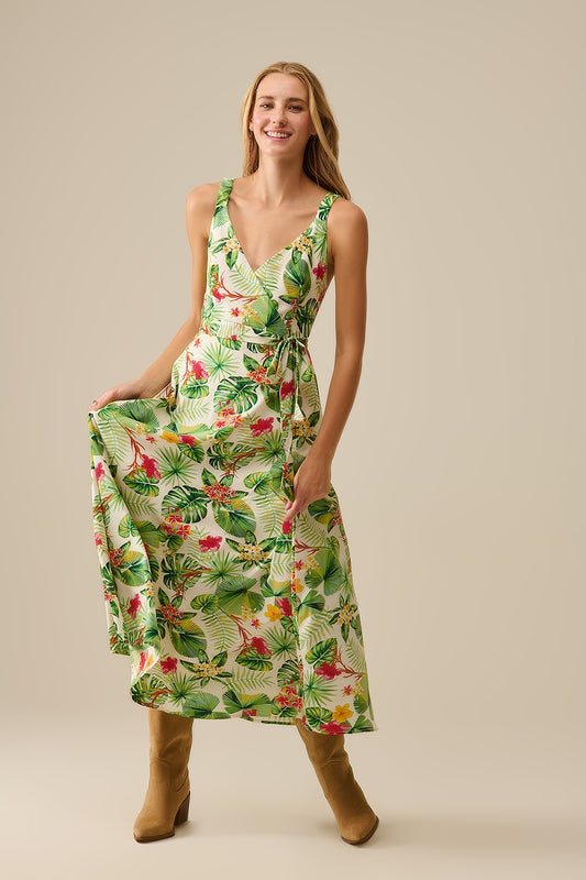 White Long Wrap Dress with Tropical Print - dress