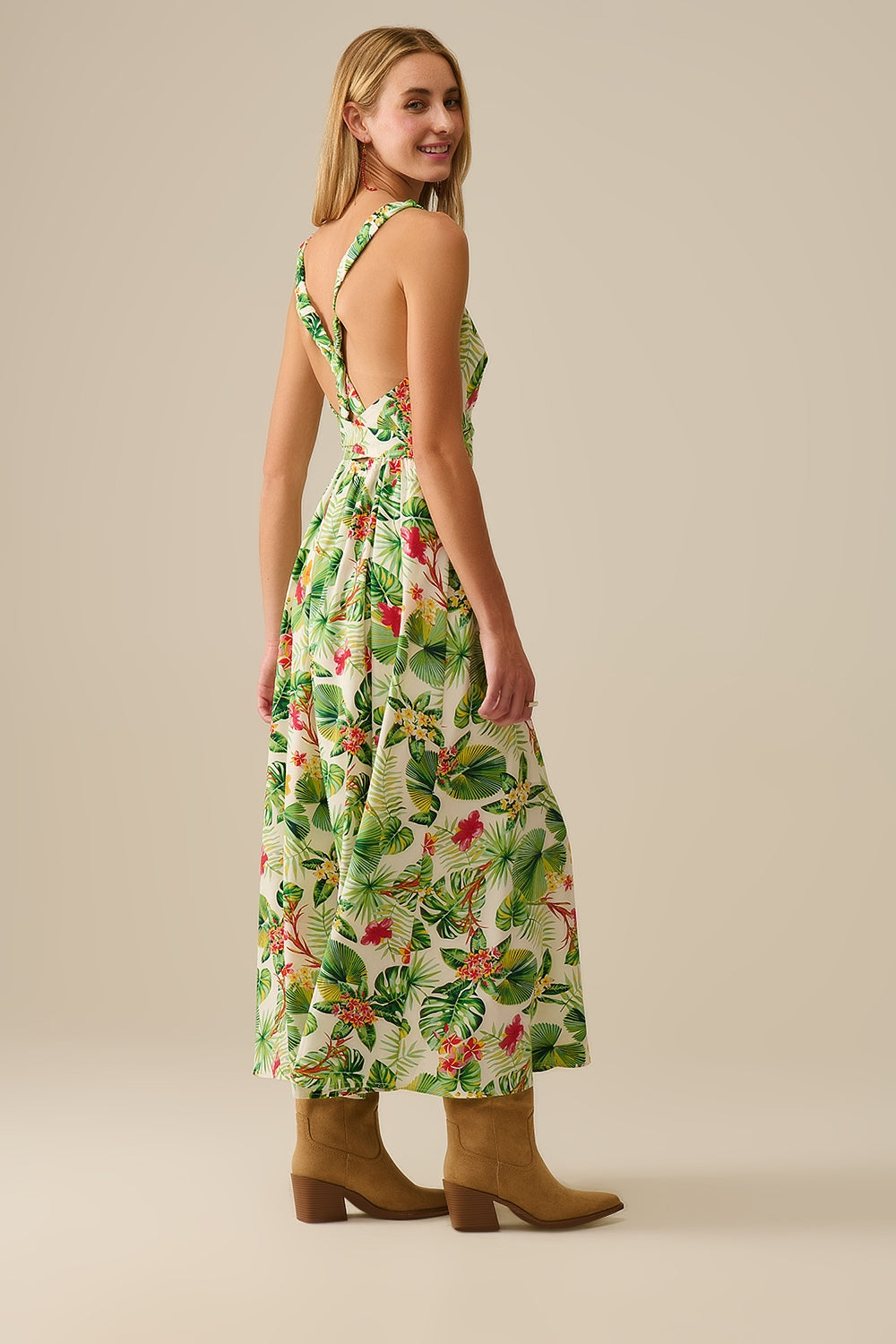 White Long Wrap Dress with Tropical Print - dress