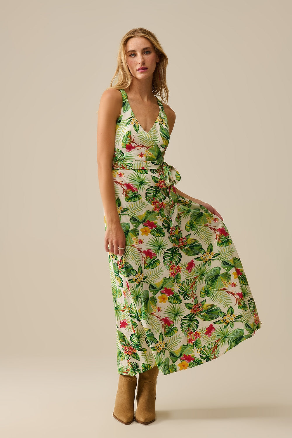 White Long Wrap Dress with Tropical Print - dress