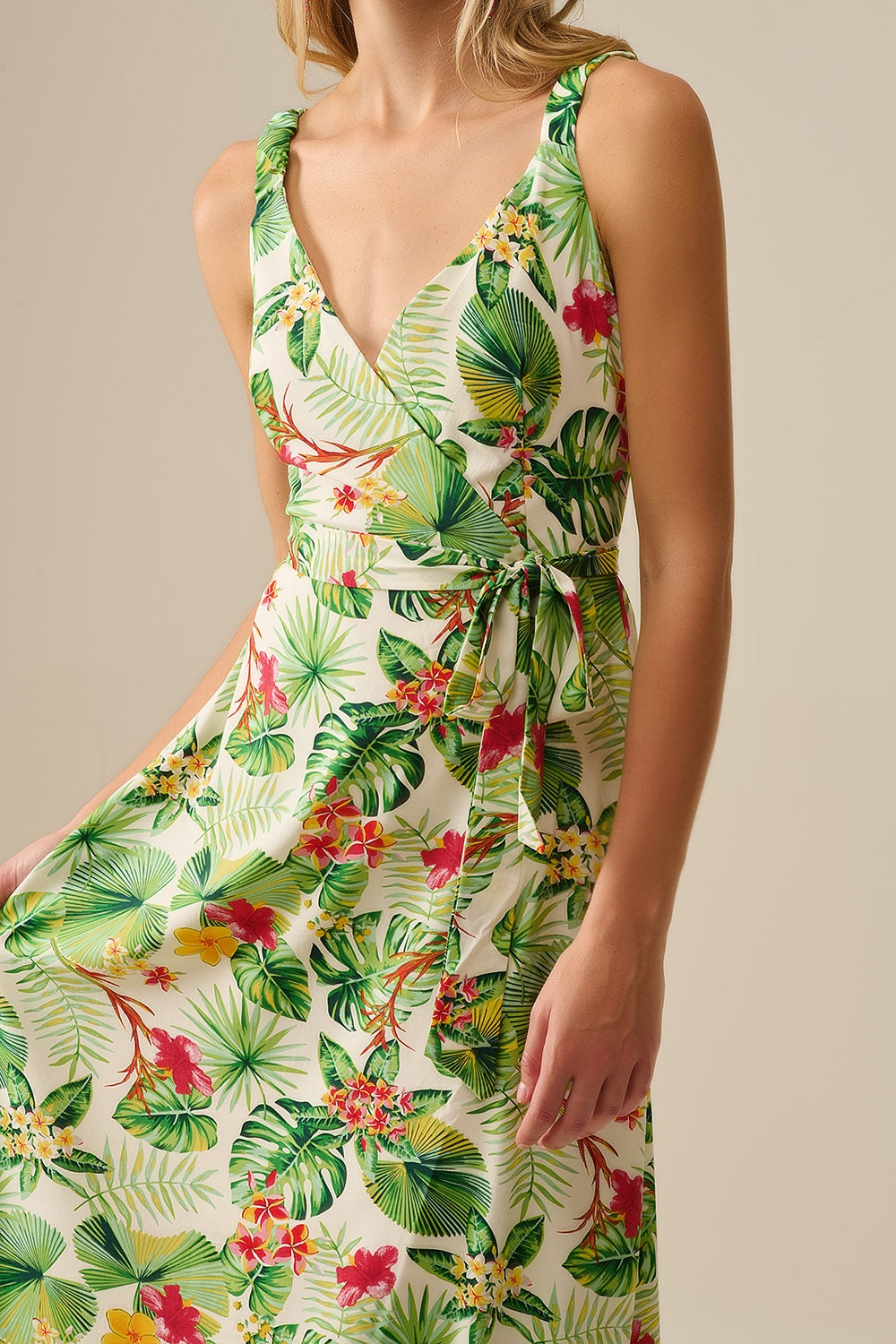White Long Wrap Dress with Tropical Print - dress