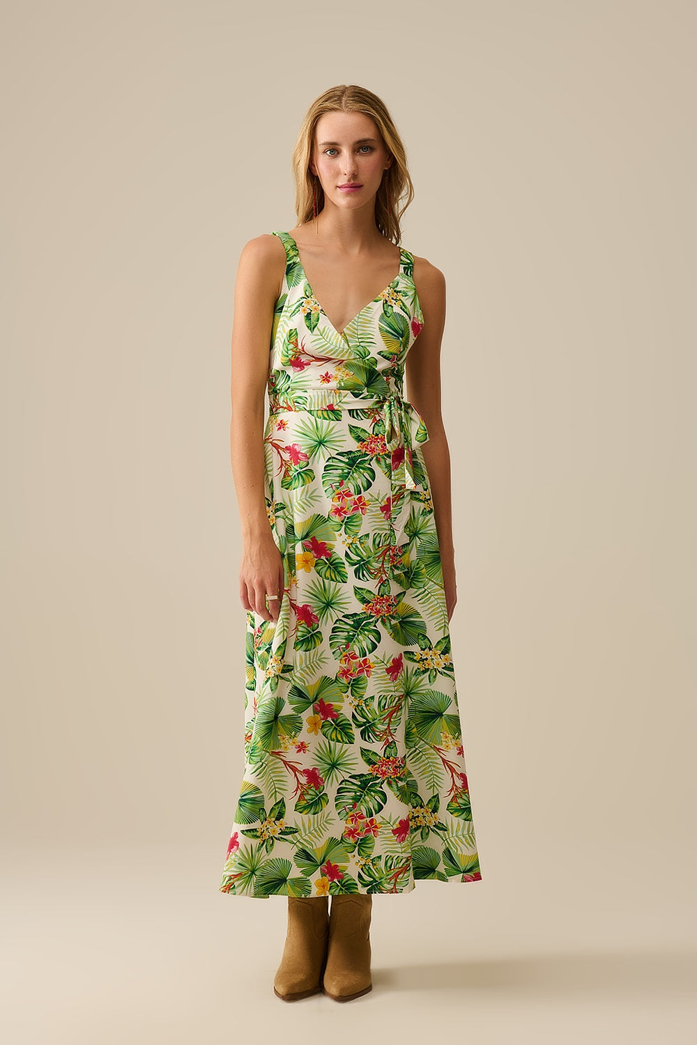 White Long Wrap Dress with Tropical Print - dress