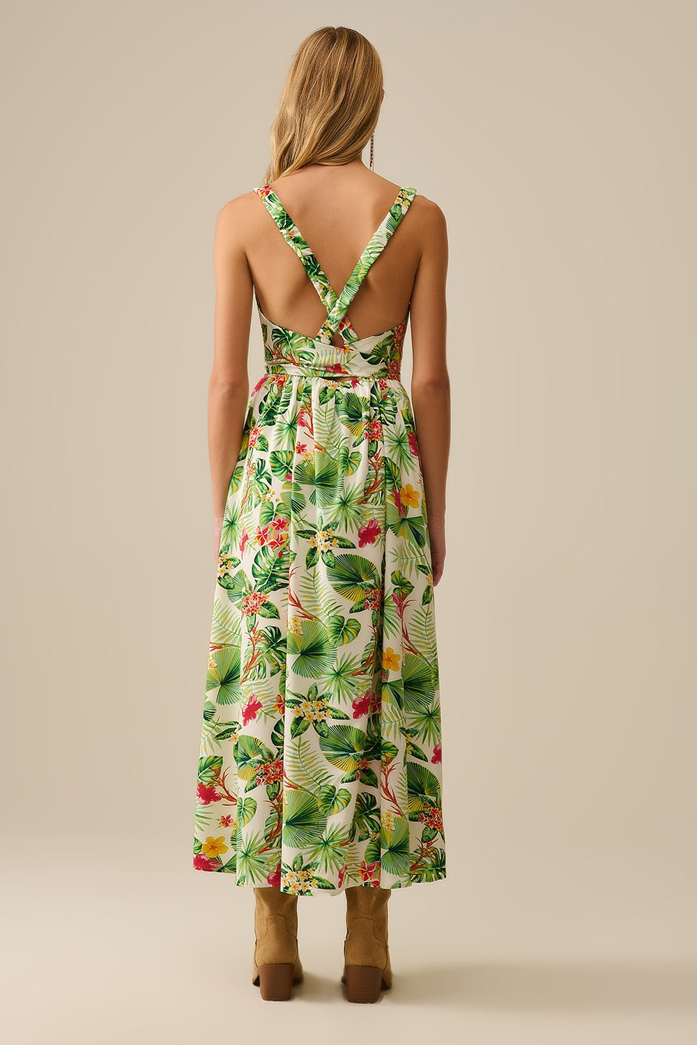 White Long Wrap Dress with Tropical Print - dress