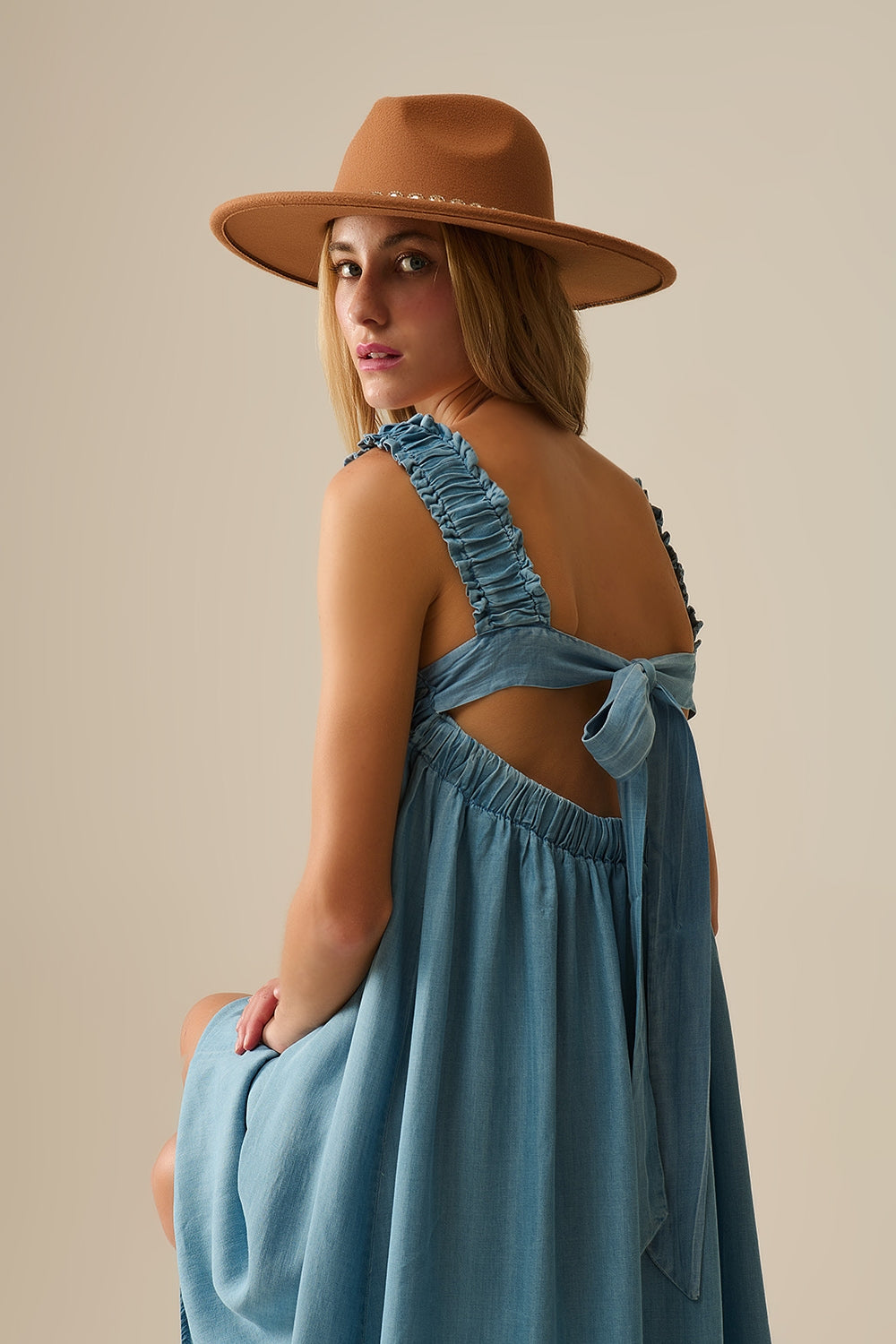 Light Blue maxi Dress with Ruffled Straps in tencel fabric - dress