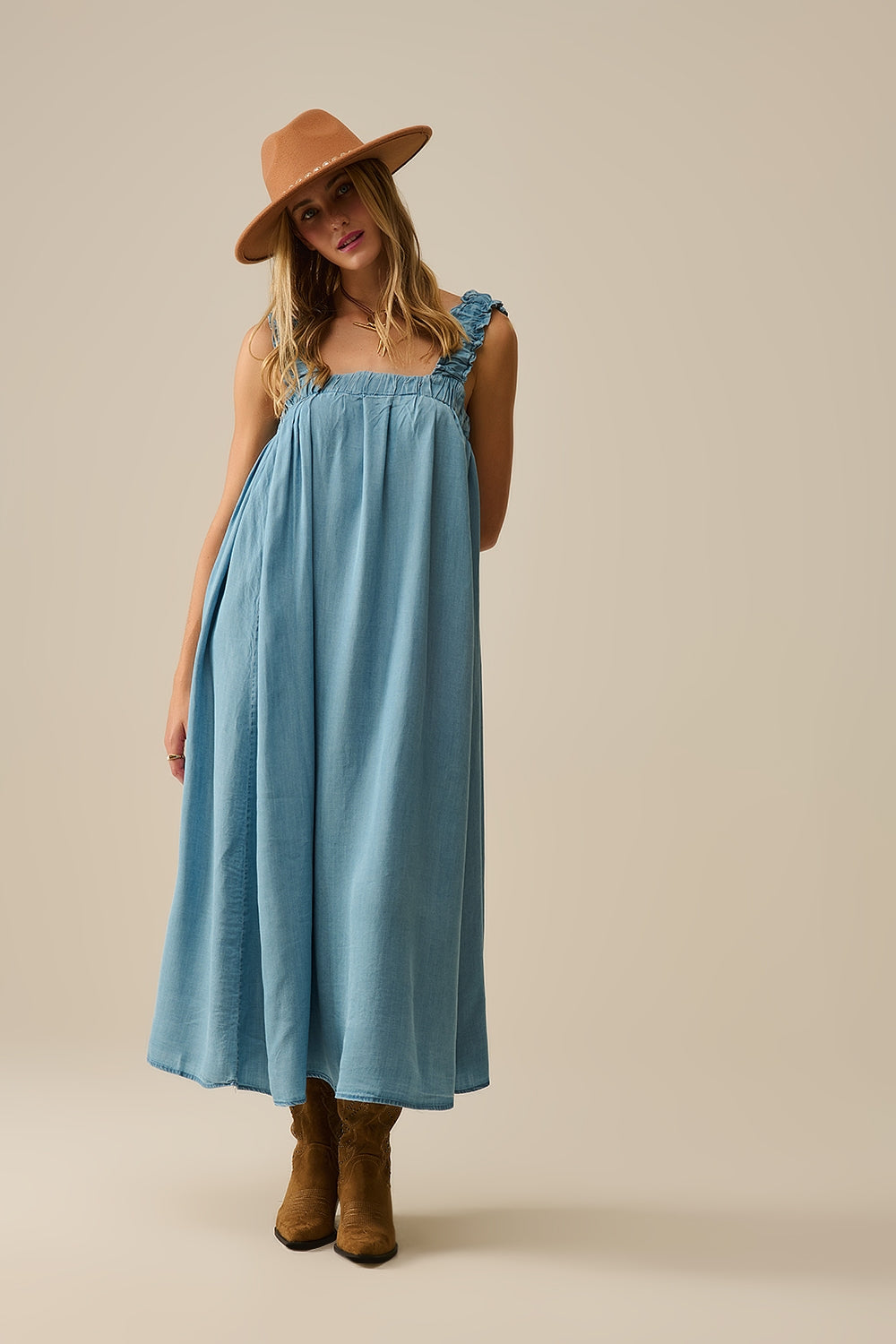 Light Blue maxi Dress with Ruffled Straps in tencel fabric - dress