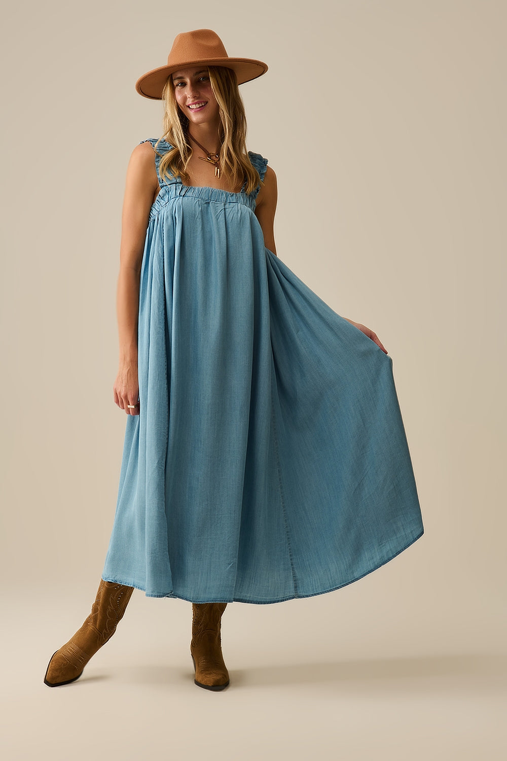 Light Blue maxi Dress with Ruffled Straps in tencel fabric - dress