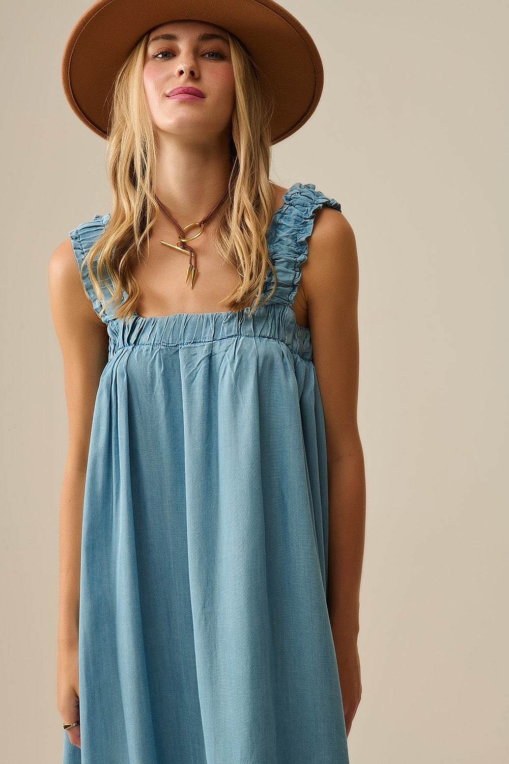 Light Blue maxi Dress with Ruffled Straps in tencel fabric - dress