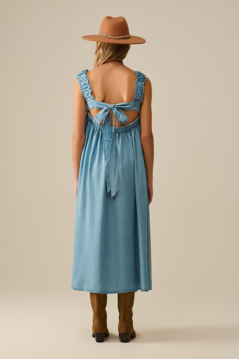 Light Blue maxi Dress with Ruffled Straps in tencel fabric - dress