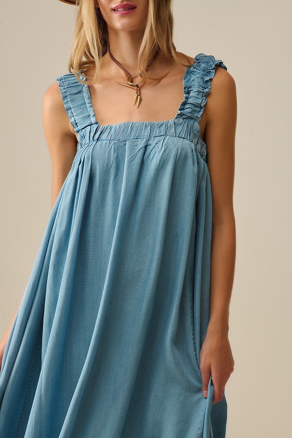 Light Blue maxi Dress with Ruffled Straps in tencel fabric - dress