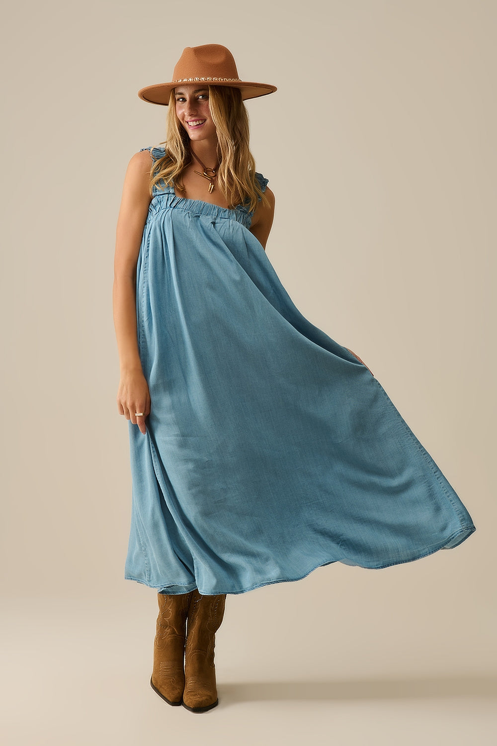 Light Blue maxi Dress with Ruffled Straps in tencel fabric - dress