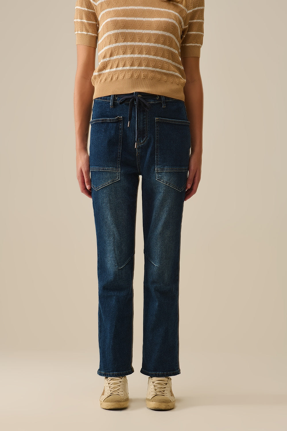 Drawstring Waist Wide-Leg Jeans in Dark wash - Denim