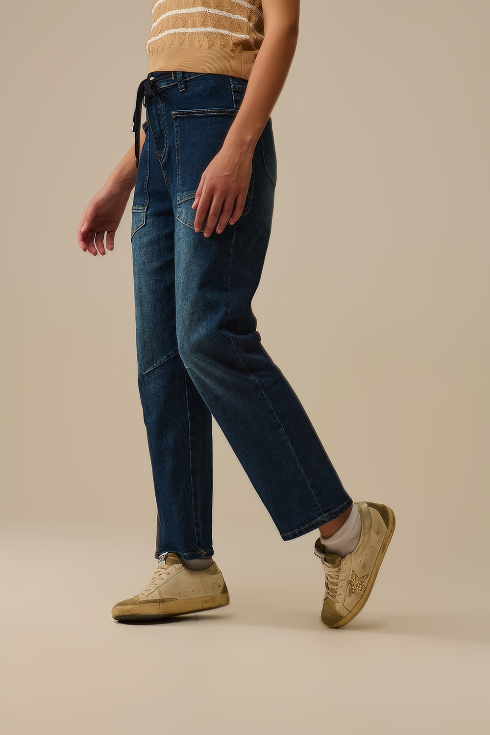 Drawstring Waist Wide-Leg Jeans in Dark wash - Denim