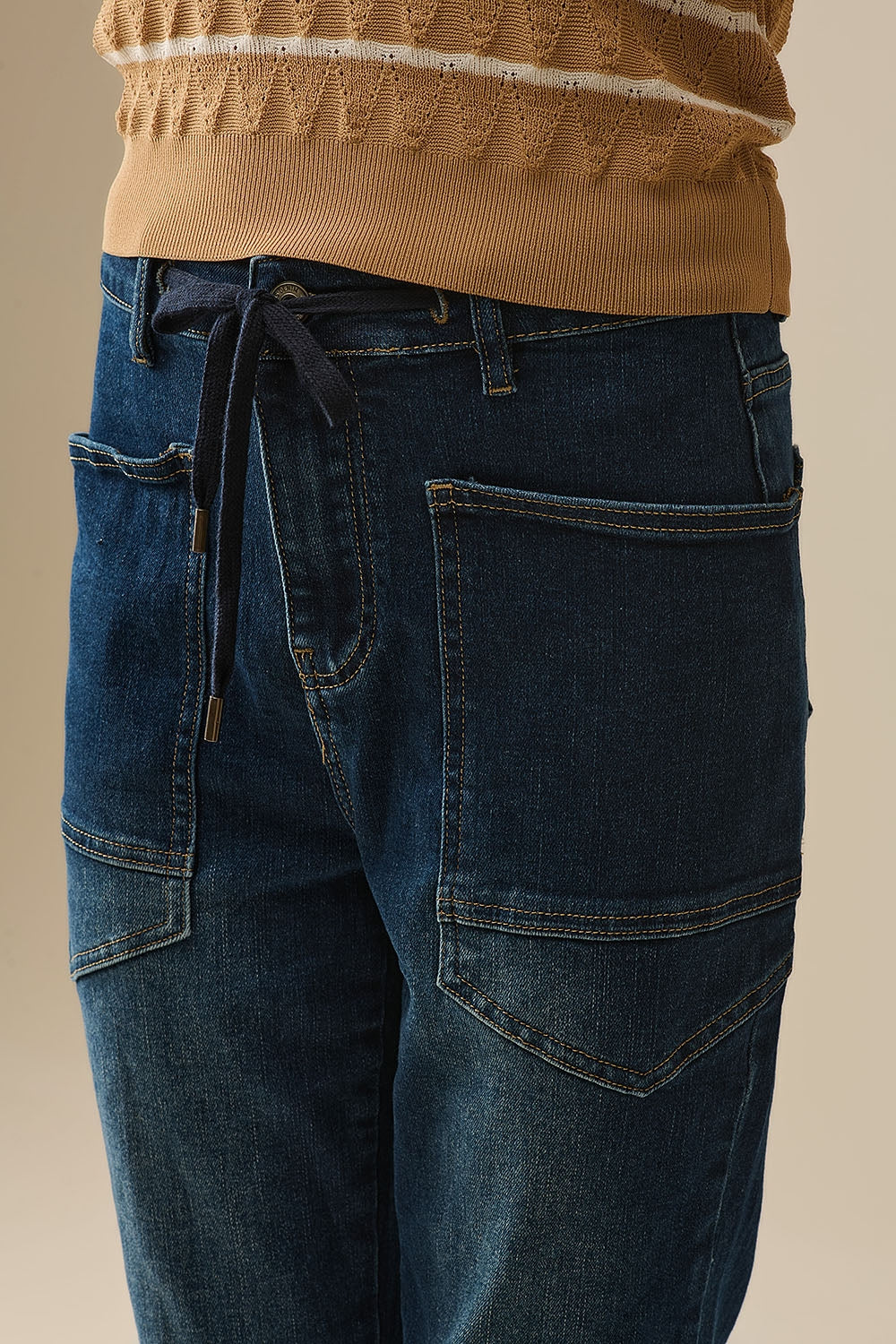 Drawstring Waist Wide-Leg Jeans in Dark wash - Denim