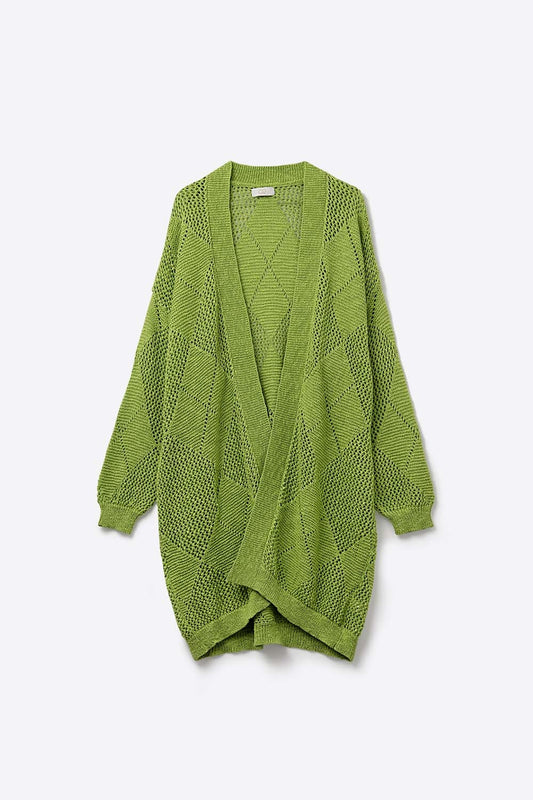 Lime Green Draped Cardigan With Crochet Design - Cardigans