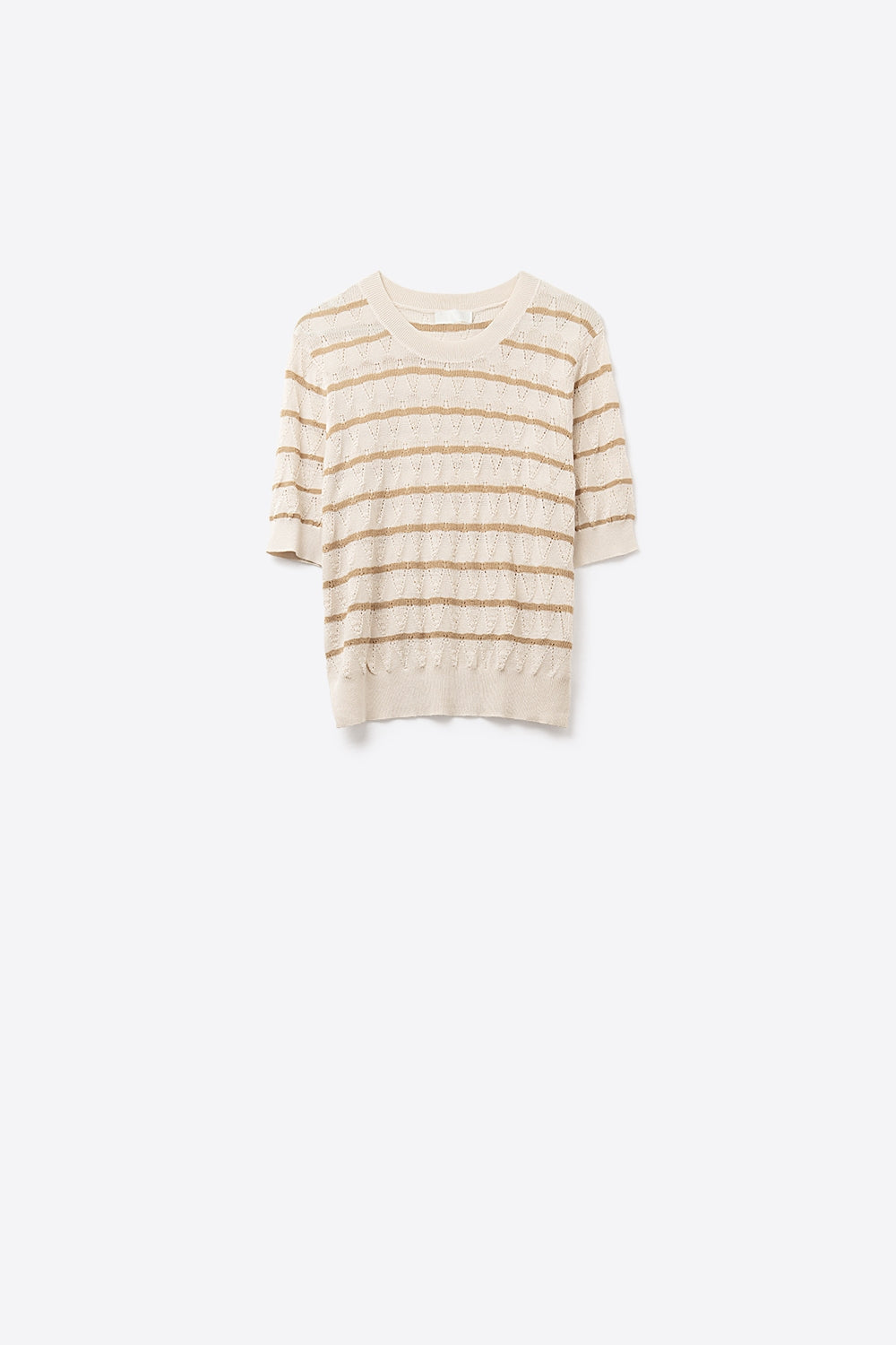 Beige Openwork Knit Top with Short Sleeves and Gold Stripes