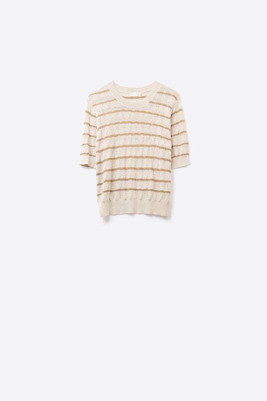Beige Openwork Knit Top with Short Sleeves and Gold Stripes