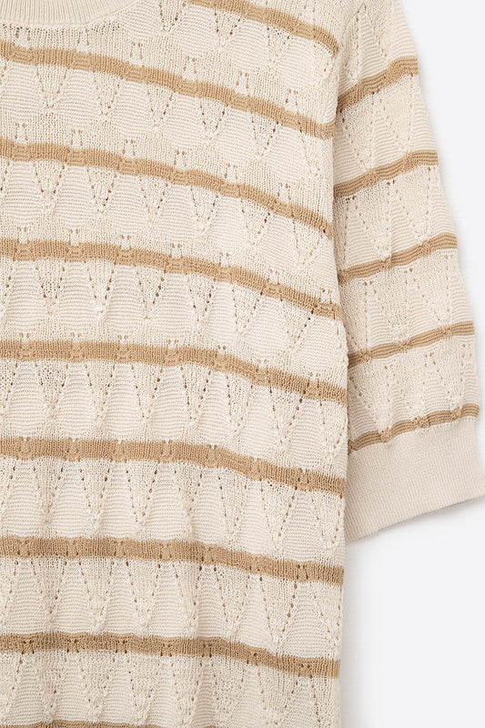 Beige Openwork Knit Top with Short Sleeves and Gold Stripes