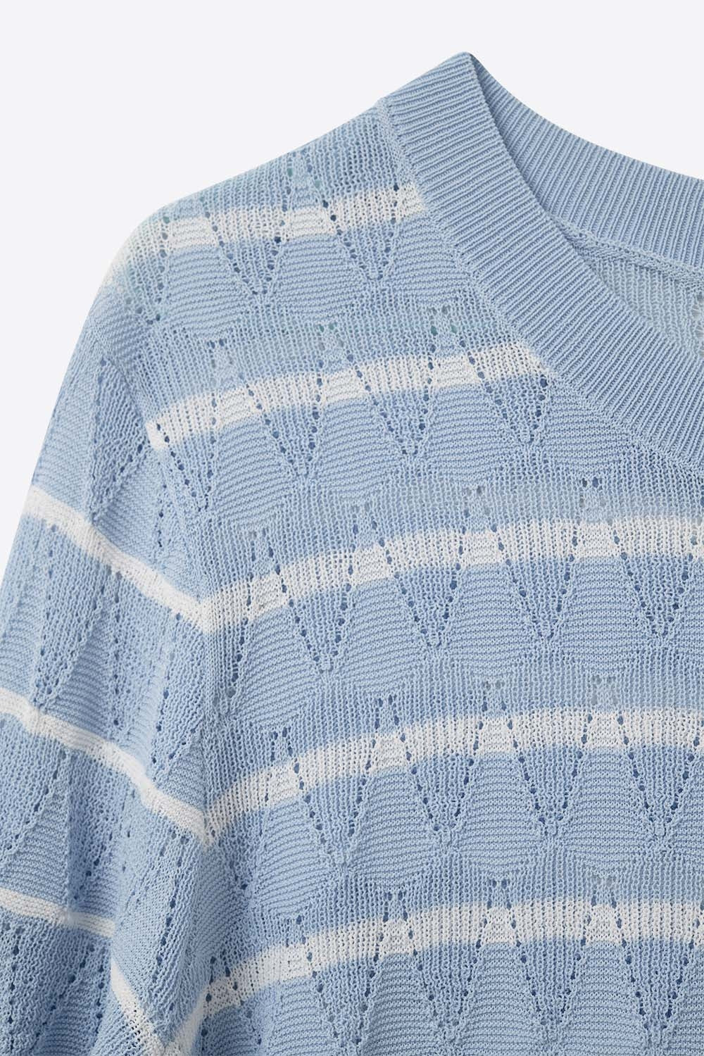 Sky Blue Openwork Knit Top with Short Sleeves and White Stripes