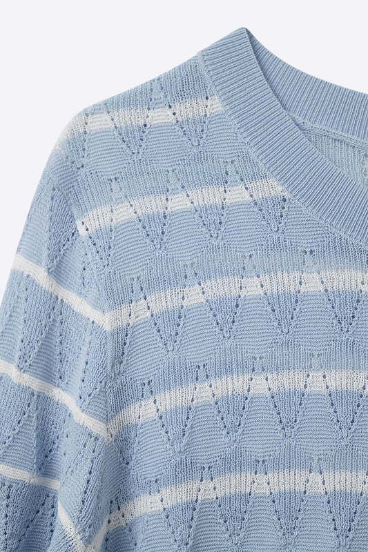 Sky Blue Openwork Knit Top with Short Sleeves and White Stripes