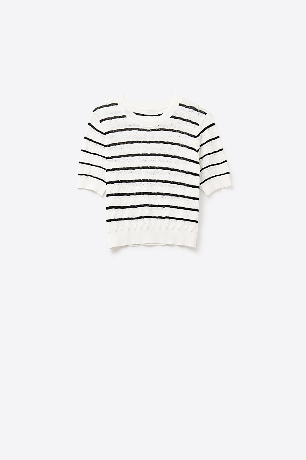 White Openwork Knit Top with Short Sleeves and Black Stripes