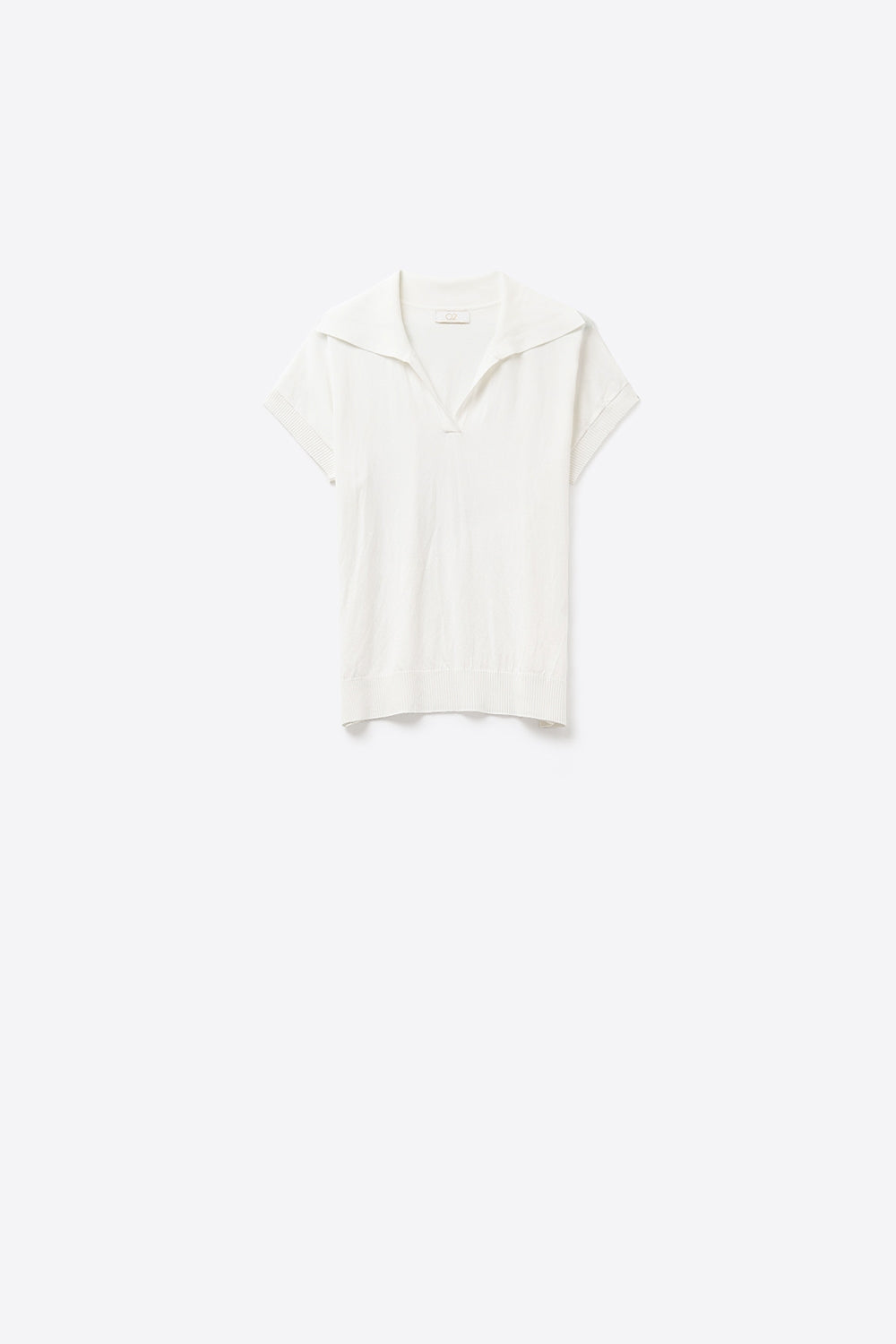Fine Knit Polo-Style Short Sleeve Top in White