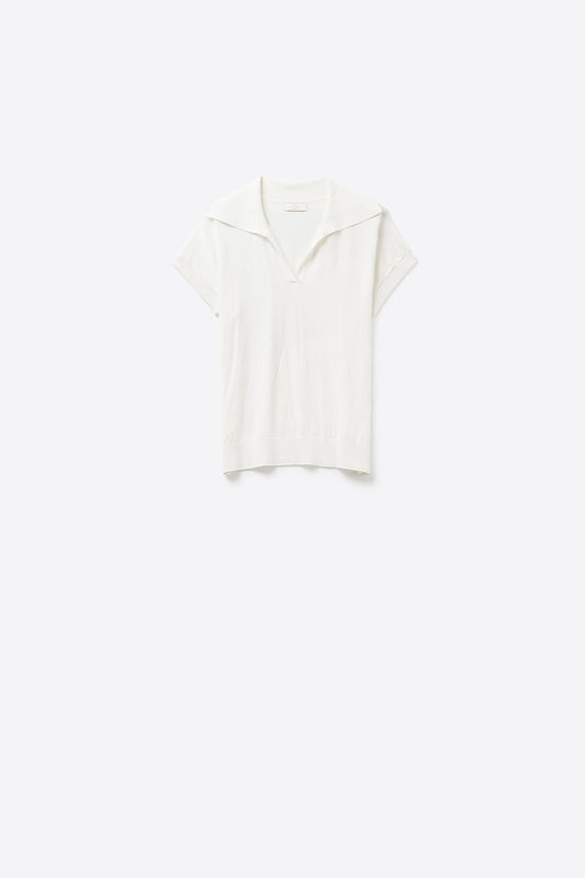 Fine Knit Polo-Style Short Sleeve Top in White