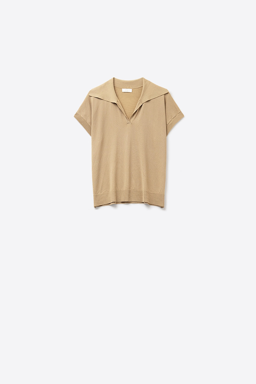 Fine Knit Polo-Style Short Sleeve Top in Camel - Polos