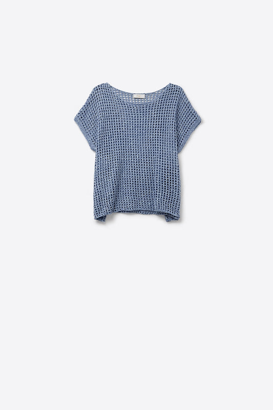 Open-knit dropped Short-sleeved Top in blue