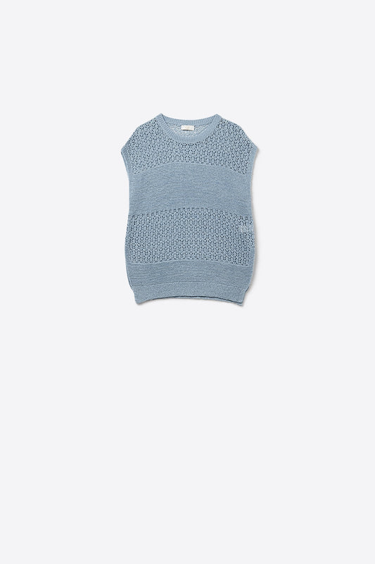 Blue sweater with soft open knit and dropped sleeves