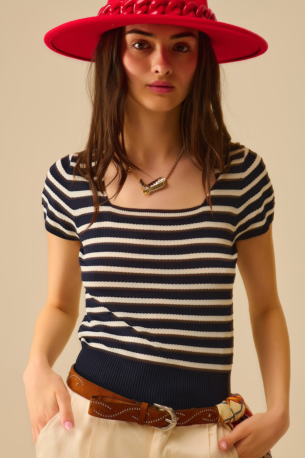 Square neck Stripped Sweater in navy and White